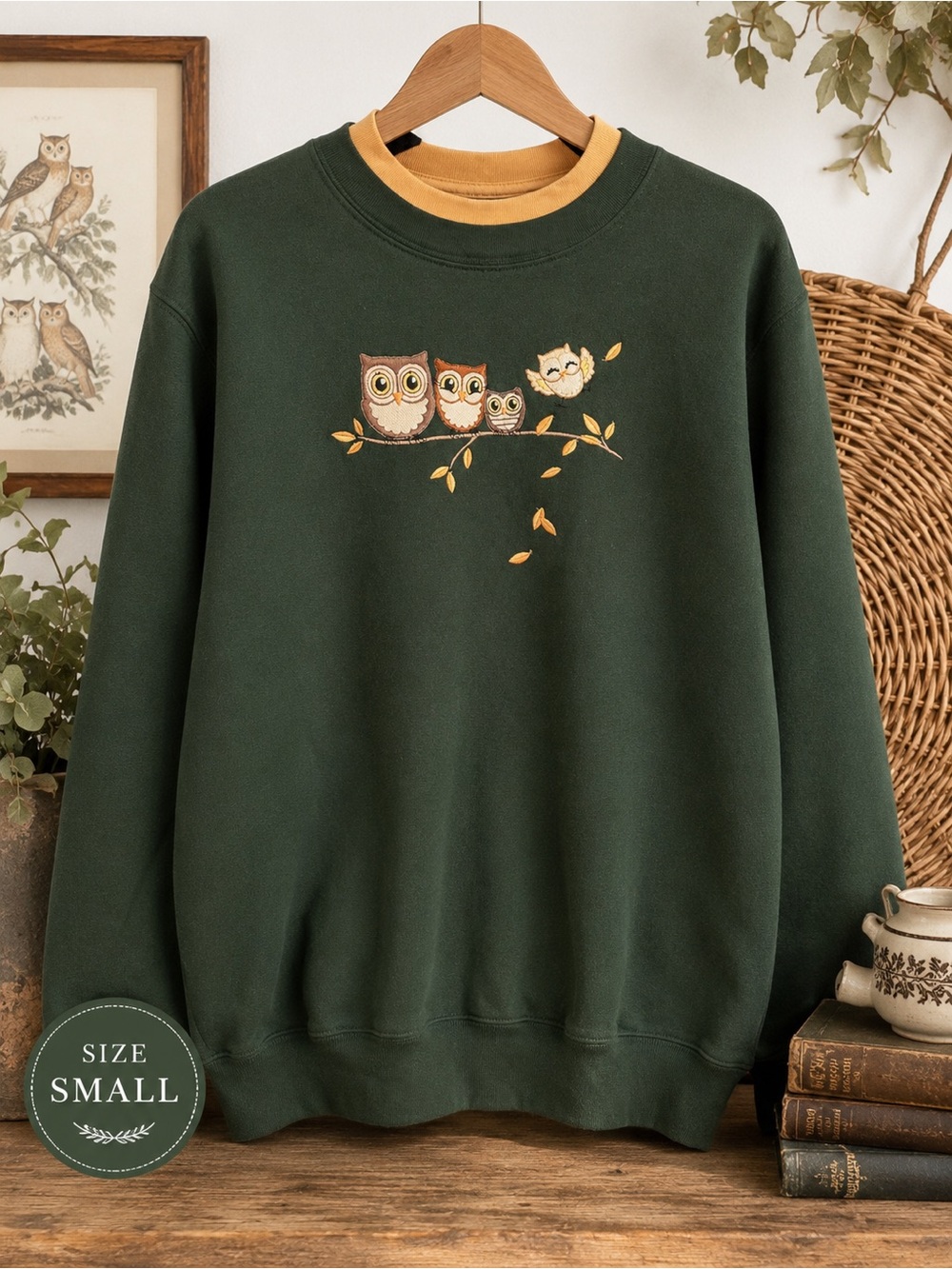 Country Store Owl Embroidered Sweatshirt Small Forest Green Double Collar
